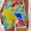 Multicolor Tie-Dye Ribbed Knit Tummy Control Yoga Active Shorts