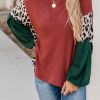 Women's Stylish Brown Leopard Splicing Waffle Color Block Puff Sleeve Top