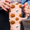 Orange Halloween Pumpkin Skull Print Handle Straw Tumbler