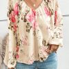 Women's Chic Beige Floral Print Lantern Sleeve V-Neck Blouse