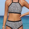 Leopard Print Sleeveless Halter Neck High Waisted Bikini Swimwear