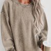 Khaki Solid Ribbed Knit Round Neck Pullover Sweatshirt