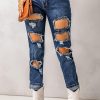 Blue Multi Hole Distressed Straight Leg Jeans