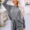 Women's Casual Gray Long Sleeve Top And Drawstring Shorts Lounge Set