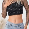 Black Pearl And Rhinestone Detail Sheer Mesh Top