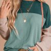 Green Color Block Long Sleeve Ribbed Loose Top