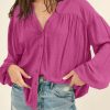 Rose Solid Color Jacquard Puff Sleeve Button Up Shirt