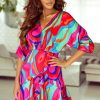 Multicolor Abstract Printed V Neck Dolman Sleeve Ruffle Wrap Dress