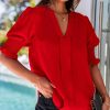 Women's Solid Color Blouse, V Neckline Puffy Sleeves Smocked Cuffs Regular Fit