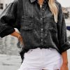 Black Mineral Wash Crinkle Textured Chest Pockets Shirt