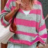 Rose Striped Colorblock Knit V Neck Loose Fit Sweater