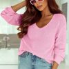 Pink Ribbed Knit V Neck Sweater