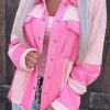 Pink Colorblock Waffle Patchwork Pocketed Shacket