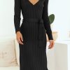 Black Ribbed V-Neck Belted Frilled Elegant Sweater Dress