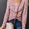 Pink Floral Print Long Sleeve Henley Top