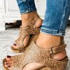 Brown Vintage Floral Leather Rivet Hollowed Platform Sandals