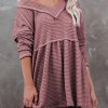 Women's Casual Pink Waffle Knit V Neck Long Sleeve Babydoll Top