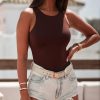 Brown Solid Crew Neck Sleeveless Bodysuit