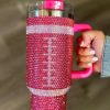 Rose Red Contrast Rhinestone Rugby 304 Stainless Steel Tumbler