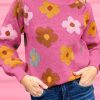 Pink Sweet Flower Knitted Ribbed Hem Sweater