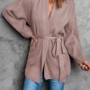 Pink Robe Style Rib Knit Pocketed Cardigan With Belt