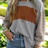 Women's Gray Colorblock Striped Bishop Sleeve Top