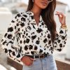 Beige Animal Leopard V Neck Long Sleeves Blouse