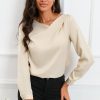 Apricot Solid Asymmetric V Neck Long Sleeve Satin Blouse