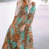 Green Boho Paisley Mix Print Long Sleeve V-Neck Tie Maxi Dress