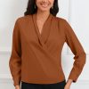 Brown Solid Wrap V Neck Long Sleeve Top