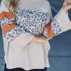 Khaki Leopard Patchwork Bell Sleeve Loose Split Top