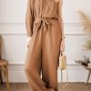 Stylish And Comfortable Women's Khaki Jumpsuit With Belted Waist And Wide Leg Bottoms