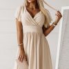 Khaki V Neck Wrap Ruched Flowy Midi Dress