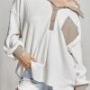 White Contrast Trim Buttons Collared Neck Ribbed Knit Top