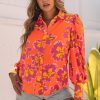 Orange Floral Print Lantern Sleeve Shirt