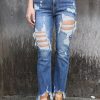 Sky Blue Distressed Holes Hollow-out Raw Hem Jeans