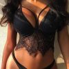 Black Eyelash Lace Splicing Strappy Cutout Bralette