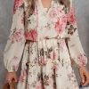 Beige Floral Split Neck Cinched Waist Ruffle Mini Dress