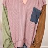 Pink Colorblock Rib Textured Loose Long Sleeve Top