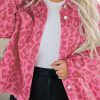 Pink Plus Size Leopard Print Button Cuffs Raw Hem Jacket