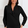 Black Solid Wrap V Neck Long Sleeve Top