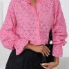 Pink Hollow Out Embroidered Floral Shirt