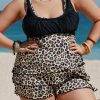 Black Black Black Plus Size Swimwear Leopard Ruffle Ruched Swimdress And Shorts