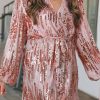 Pink Sequin Bubble Sleeves Short Wrap Dress