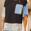 Black Denim Animal Print Patchwork Knit Top