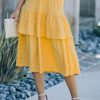 Yellow Textured Pleated Layered Midi Skirt