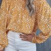 Yellow Floral Print Frill Trim Off-shoulder Lantern Sleeve Blouse