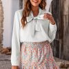 White Solid Bow Tie Long Sleeve Blouse