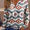 White Aztec Geometric Print Long Sleeve Henley Top