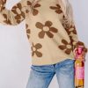 Parchment Big Flower Knit Ribbed Trim Sweater